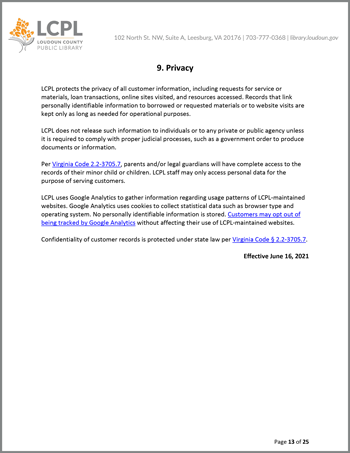 Loudoun County Public Library Privacy Policy Full Document